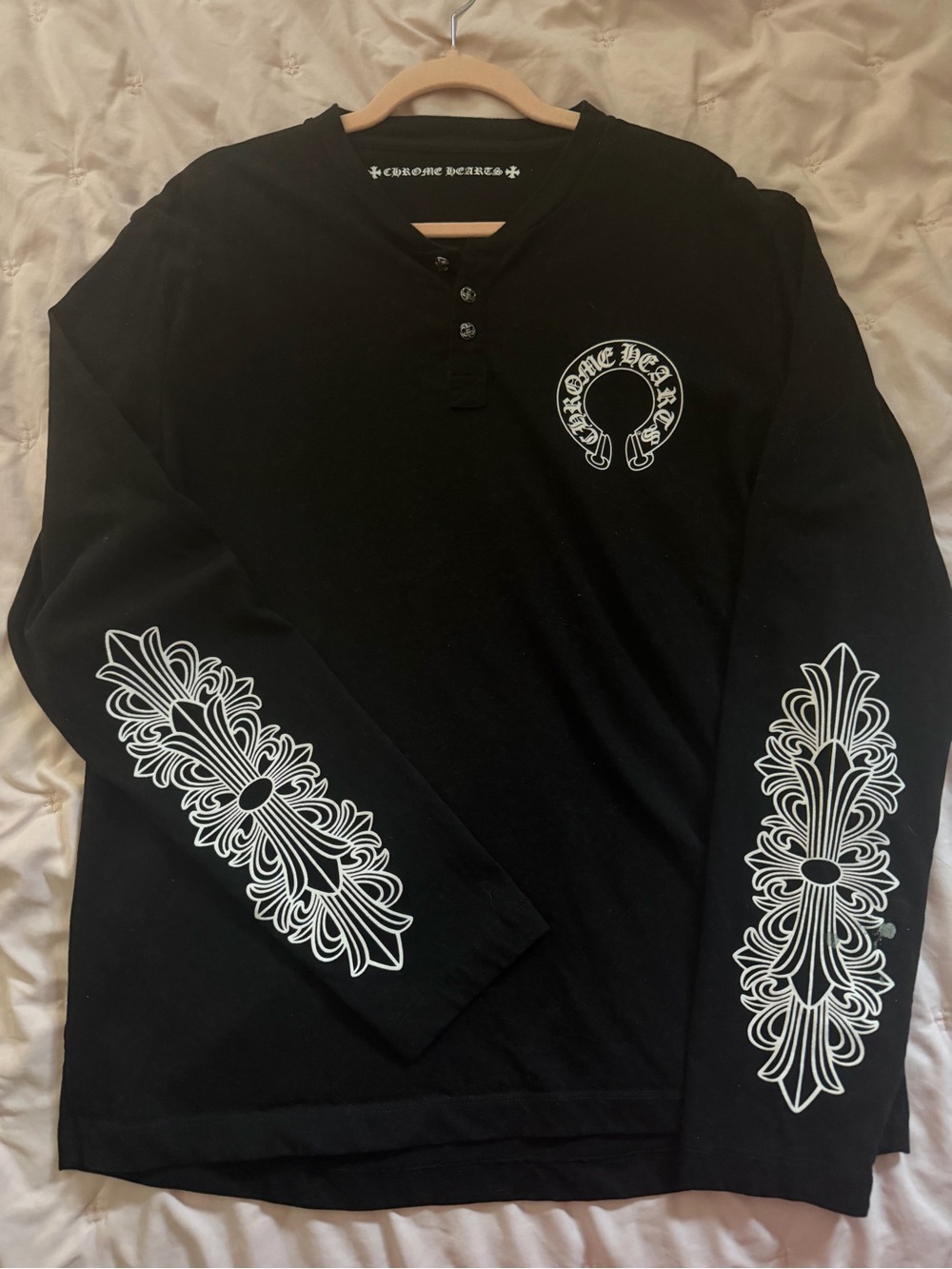 Chrome Hearts Black Long-Sleeve Henley with White Sleeve Graphics